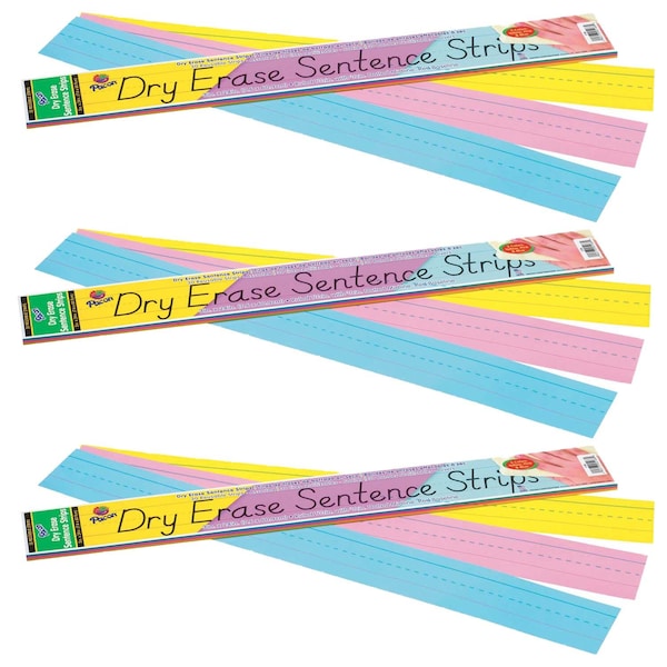 Dry Erase Sentence Strips, 3 Colors, Ruled, 3x24, PK90